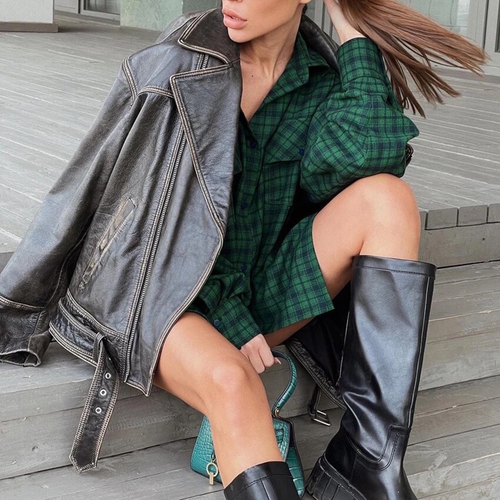 NOT IN LIVE SHOW Oversized green Plaid Flannel button Influencer long sleeve 90s - Picture 5 of 10
